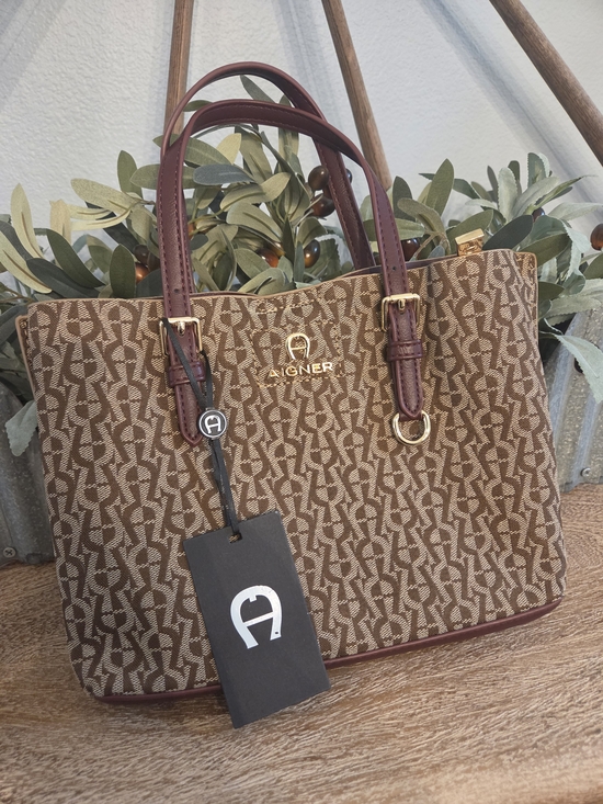 Etienne Aigner Handbags - Aigner Brown Monogram Tote Bag with Burgundy Trim